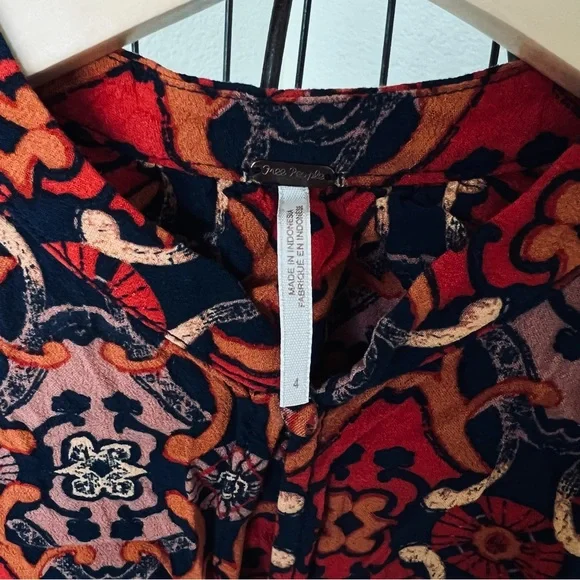 Free People Get Together Navy Orange Bohemian Print Rayon Sleeveless Mini Dress - Picture 5 of 6